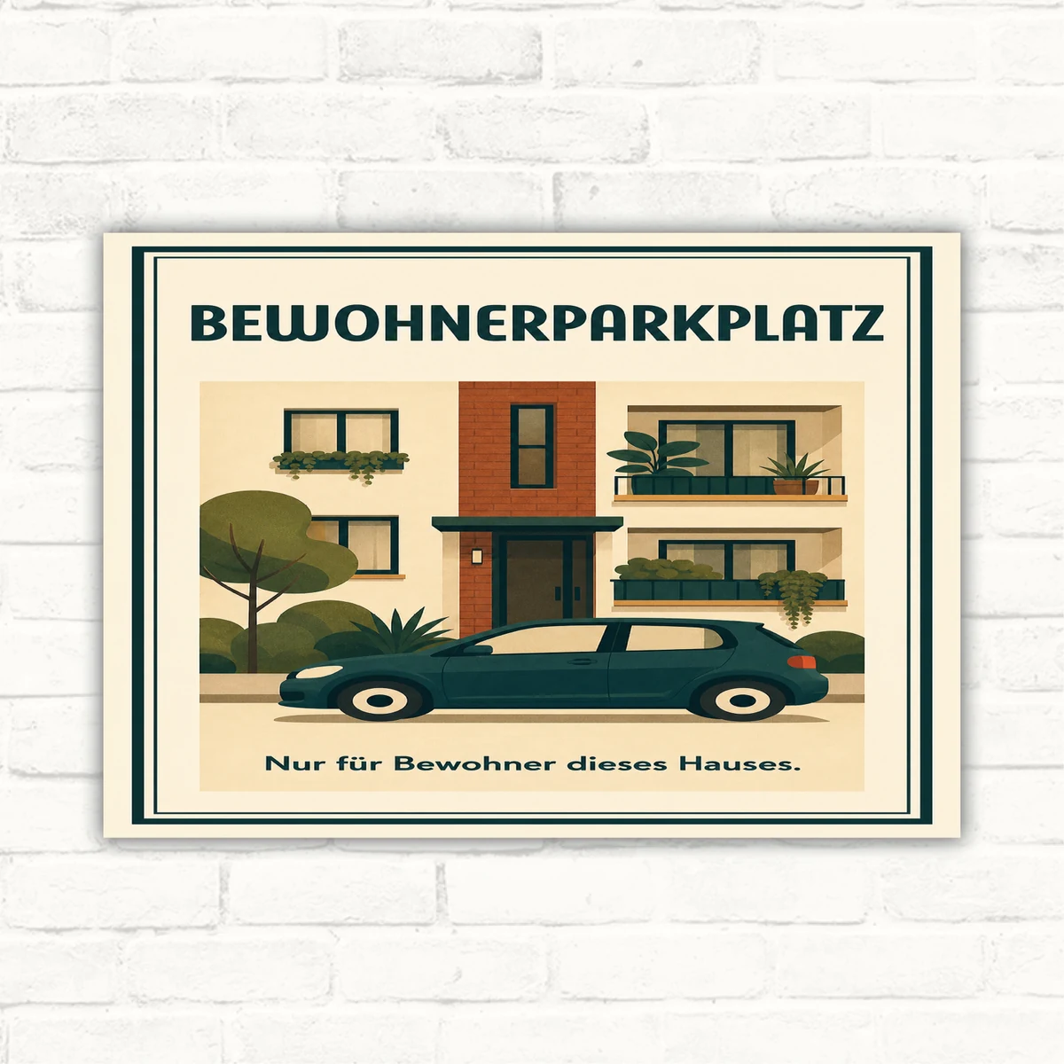 Bewohnerparkplatz Schild mit Hausmotiv, Auto und Wortlaut „Nur für Bewohner dieses Hauses“ als Parkplatzhinweis.
