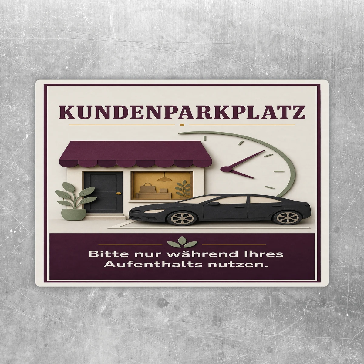 Kundenparkplatz Aufkleber mit Auto, Geschäftsfassade und Hinweis Bitte nur während Ihres Aufenthalts nutzen.