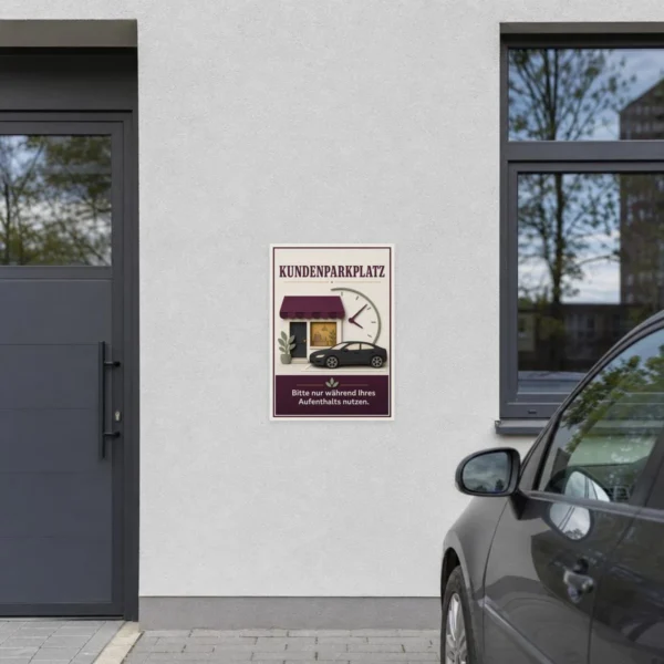 KI-generiertes Anwendungsbeispiel: Kundenparkplatz Aufkleber in Bordeaux und Beige mit Auto vor Geschäft.