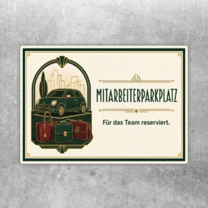 Mitarbeiterparkplatz Aufkleber im Querformat mit Vintage-Auto, Taschen und Text Für das Team reserviert.