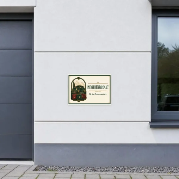 KI-generiertes Anwendungsbeispiel: Mitarbeiterparkplatz Aufkleber auf grauem Untergrund im Vintage-Design.