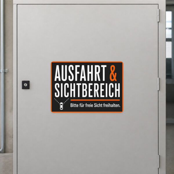 KI-generiertes Anwendungsbeispiel: Ausfahrt und Sichtbereich freihalten Aufkleber auf grauem Untergrund mit Einfahrtsmotiv.