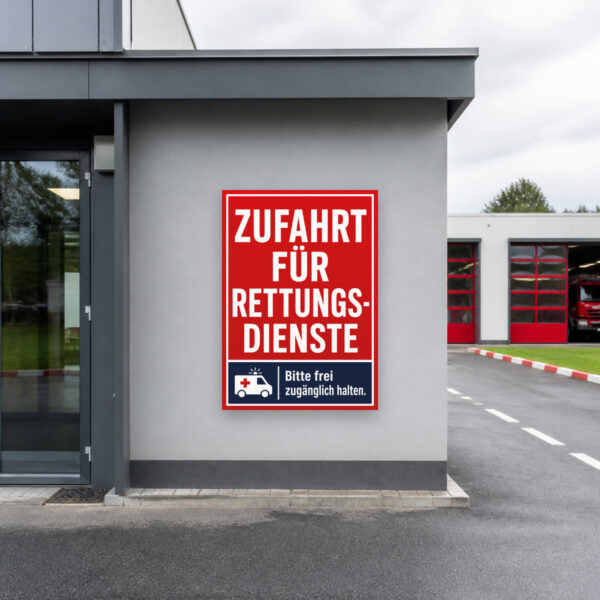 KI-generiertes Anwendungsbeispiel: Zufahrt für Rettungsdienste frei zugänglich halten Schild am passenden Einsatzort mit gut sichtbarem Motiv und klarer Beschriftung.