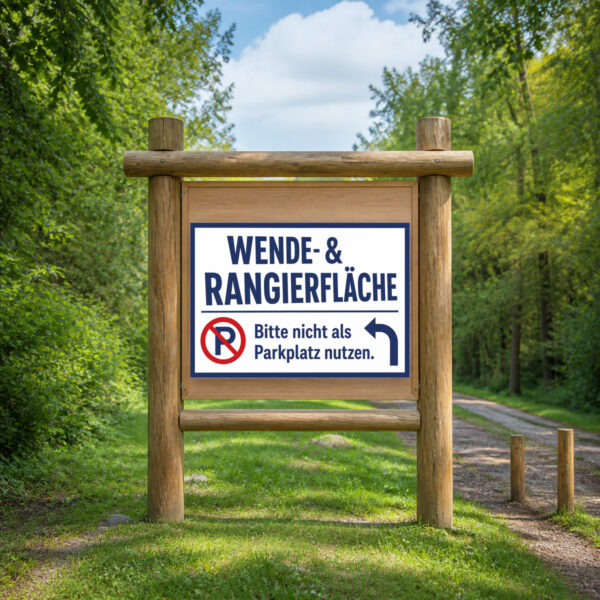 KI-generiertes Anwendungsbeispiel: Schild „Wende- & Rangierfläche – Bitte nicht als Parkplatz nutzen“ an heller Wand.