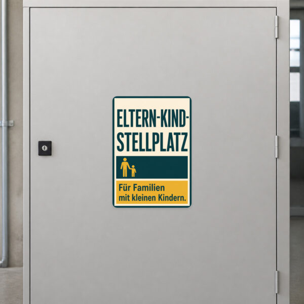 KI-generiertes Anwendungsbeispiel: Aufkleber Eltern-Kind-Stellplatz mit Mutter, Kind und Auto auf Parkplatzfläche.