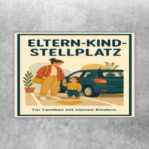 Aufkleber Eltern-Kind-Stellplatz im Hochformat mit Familie, Auto und Hinweis für Familien mit kleinen Kindern.
