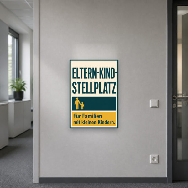 KI-generiertes Anwendungsbeispiel: Parkplatzschild Eltern-Kind-Stellplatz für Familien mit kleinen Kindern am passenden Einsatzort mit gut sichtbarem Motiv und klarer Beschriftung.