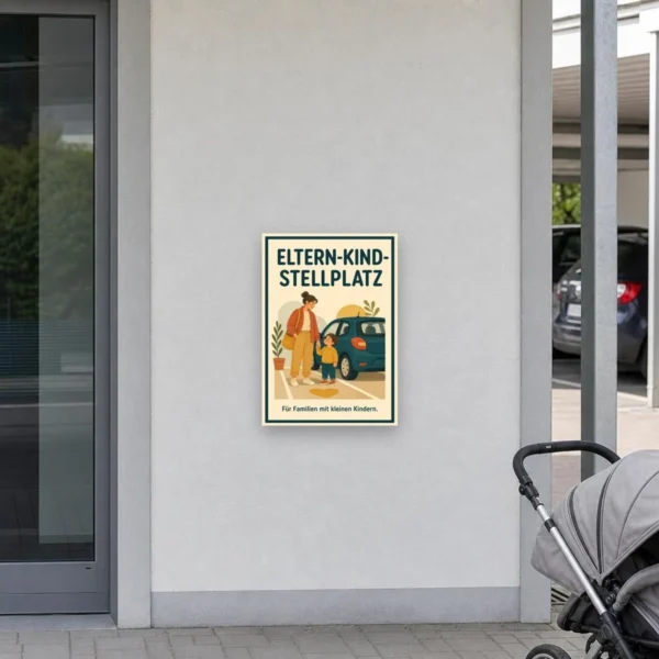 KI-generiertes Anwendungsbeispiel: Parkplatzschild Eltern-Kind-Stellplatz für Familien mit kleinen Kindern am passenden Einsatzort mit gut sichtbarem Motiv und klarer Beschriftung.