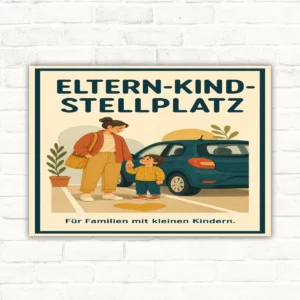 Parkplatzschild Eltern-Kind-Stellplatz für Familien mit kleinen Kindern mit gut lesbarem Motiv und klarer Beschriftung als bedrucktes Schild aus Aluminium-Verbundplatte.