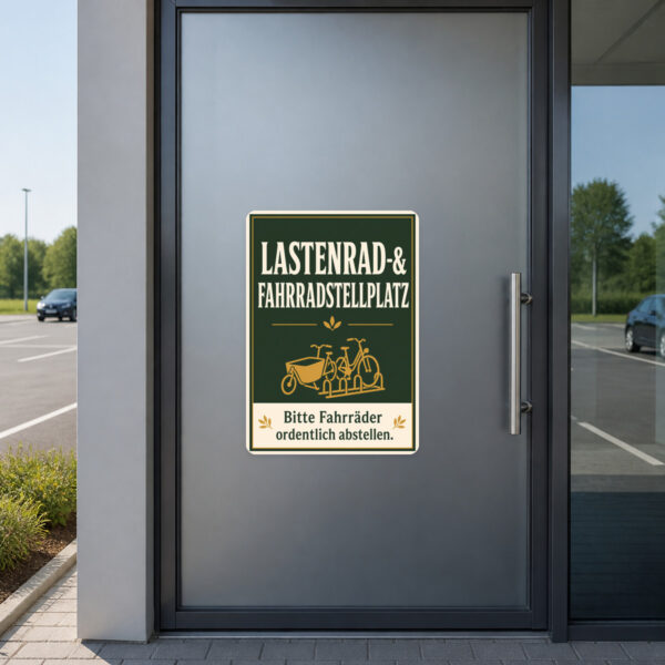 KI-generiertes Anwendungsbeispiel: Lastenrad- & Fahrradstellplatz Aufkleber auf grauer Fläche zur Kennzeichnung.