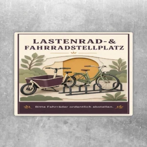 Aufkleber Lastenrad- und Fahrradstellplatz mit Retro-Motiv, Fahrrädern und Hinweis zum ordentlichen Abstellen.