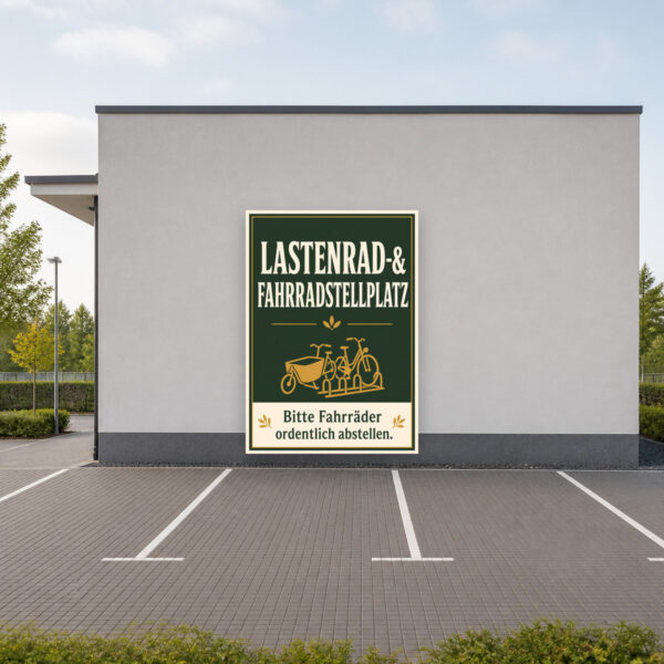 KI-generiertes Anwendungsbeispiel: Schild „Lastenrad- & Fahrradstellplatz“ mit Fahrrädern an einer Wand.
