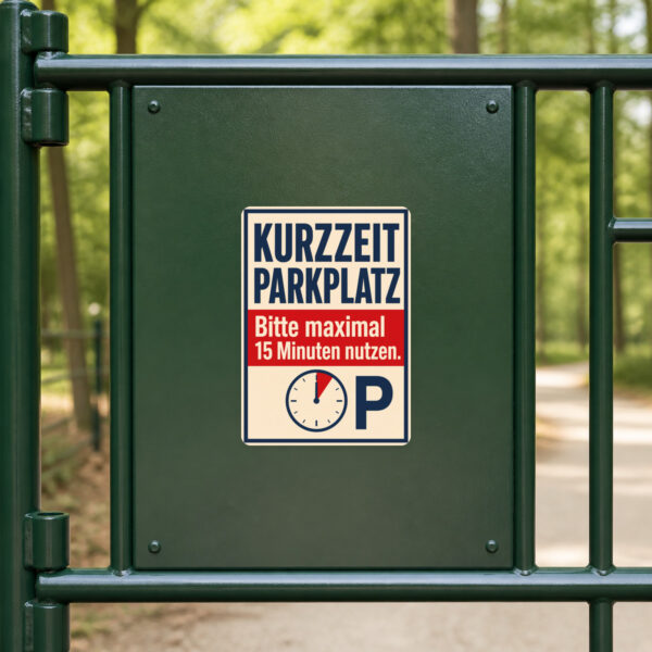 KI-generiertes Anwendungsbeispiel: Kurzzeitparkplatz Aufkleber mit Auto, Uhr und 15-Minuten-Hinweis auf grauem Untergrund.
