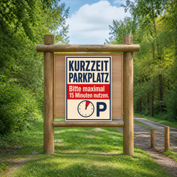 KI-generiertes Anwendungsbeispiel: Kurzzeitparkplatz Schild maximal 15 Minuten nutzen am passenden Einsatzort mit gut sichtbarem Motiv und klarer Beschriftung.