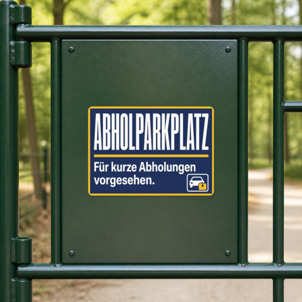 KI-generiertes Anwendungsbeispiel: Abholparkplatz Aufkleber mit blauem Text und Auto-Illustration auf heller Fläche.