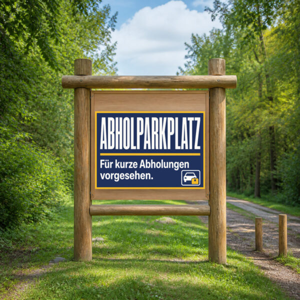 KI-generiertes Anwendungsbeispiel: Abholparkplatz Schild – für kurze Abholungen vorgesehen am passenden Einsatzort mit gut sichtbarem Motiv und klarer Beschriftung.