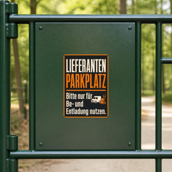 KI-generiertes Anwendungsbeispiel: Lieferantenparkplatz Aufkleber im Retro-Stil mit Transporter und Ladezone.