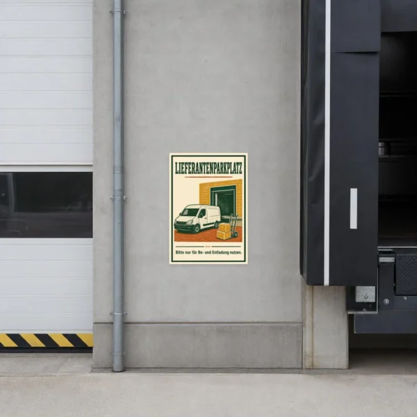 KI-generiertes Anwendungsbeispiel: Lieferantenparkplatz Aufkleber im Retro-Stil mit Transporter und Ladezone.