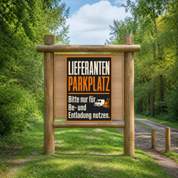 KI-generiertes Anwendungsbeispiel: Lieferantenparkplatz Schild für Be- und Entladung mit Transporter, Paketen und Sackkarre.