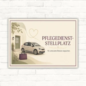 Pflegedienst-Stellplatz Schild mit Text „Für ambulante Dienste vorgesehen“, Auto, Pflegetasche und Herz im Querformat.