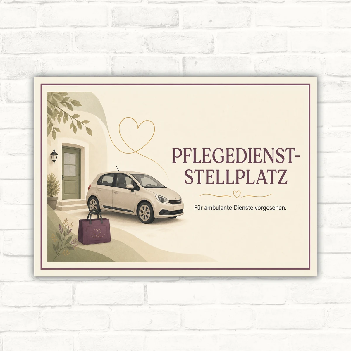 Pflegedienst-Stellplatz Schild mit Text „Für ambulante Dienste vorgesehen“, Auto, Pflegetasche und Herz im Querformat.