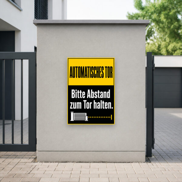 KI-generiertes Anwendungsbeispiel: Automatisches Tor Schild „Bitte Abstand zum Tor halten“ an einer Zufahrt.