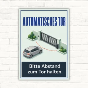 Automatisches Tor Schild mit Text „Bitte Abstand zum Tor halten“, Illustration von Auto, Einfahrt und Toranlage.