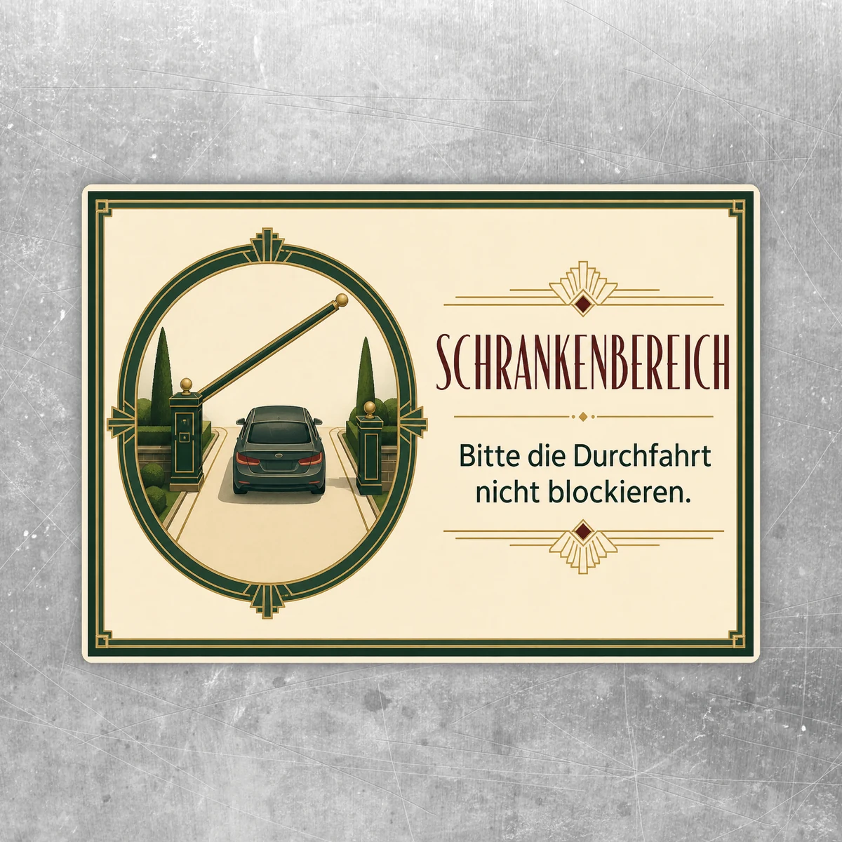Schrankenbereich Aufkleber im Vintage-Design mit Schranke, Auto und Hinweis Bitte die Durchfahrt nicht blockieren.