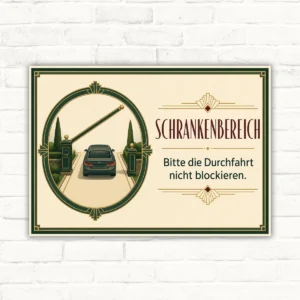 Querformatiges Schrankenbereich Schild mit Text „Bitte die Durchfahrt nicht blockieren“ und Illustration einer Schranke.