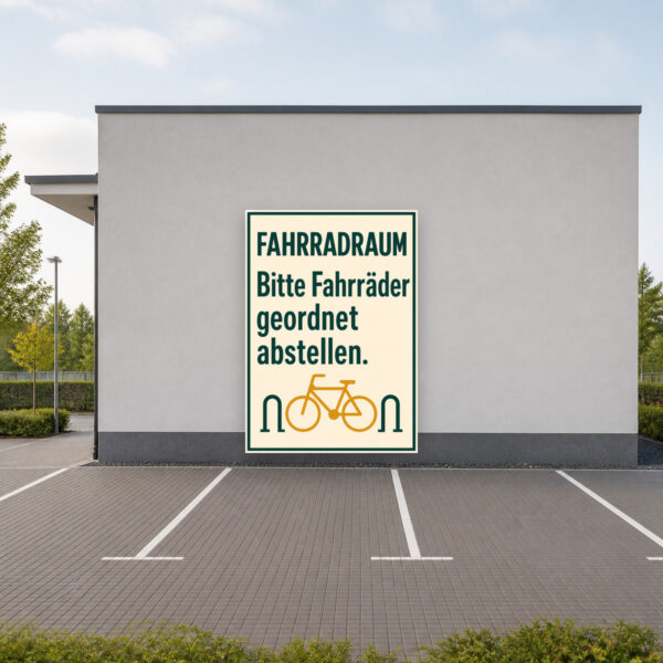 KI-generiertes Anwendungsbeispiel: Fahrradraum Schild – Bitte Fahrräder geordnet abstellen am passenden Einsatzort mit gut sichtbarem Motiv und klarer Beschriftung.
