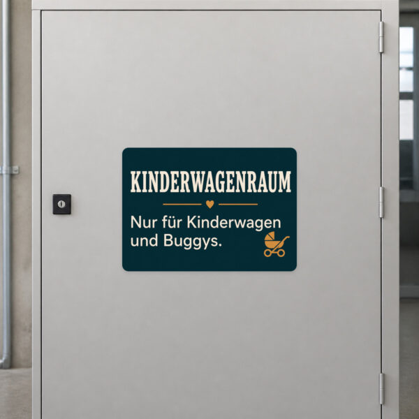 KI-generiertes Anwendungsbeispiel: Kinderwagenraum Aufkleber mit Buggy, Kinderwagen, Pflanzen und warmem beigem Design.