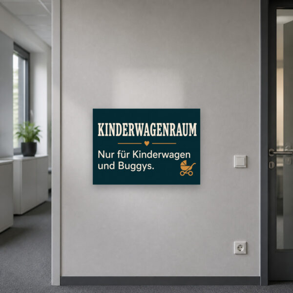 KI-generiertes Anwendungsbeispiel: Kinderwagenraum Schild „Nur für Kinderwagen und Buggys.“ an heller Ziegelwand.