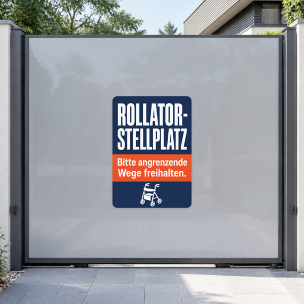 KI-generiertes Anwendungsbeispiel eines Rollatorstellplatz Aufklebers mit Hinweis, angrenzende Wege freizuhalten.