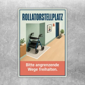 Rollatorstellplatz Aufkleber mit Rollator auf markierter Fläche und Hinweis, angrenzende Wege freizuhalten.