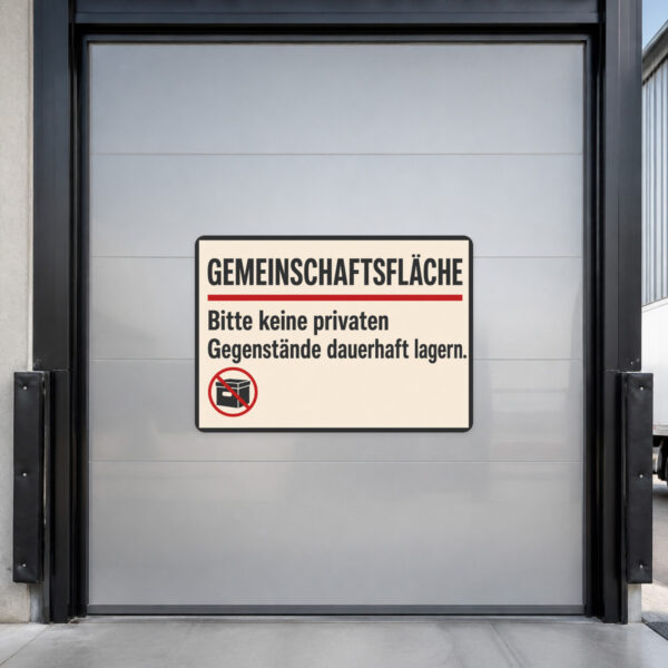 KI-generiertes Anwendungsbeispiel: Gemeinschaftsfläche Aufkleber an grauer Wand mit Ordnungshinweis und Illustration.