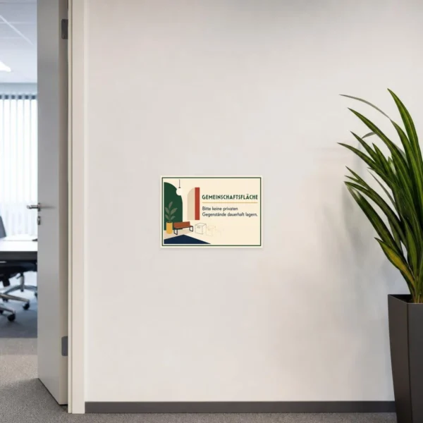 KI-generiertes Anwendungsbeispiel: Gemeinschaftsfläche Aufkleber an grauer Wand mit Ordnungshinweis und Illustration.