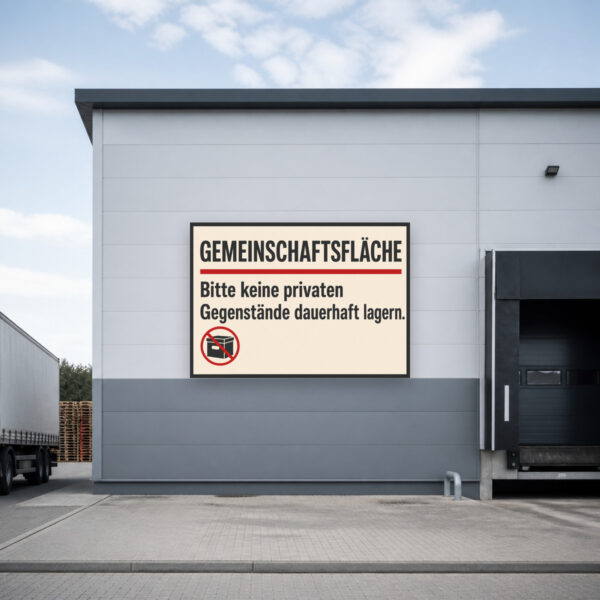 KI-generiertes Anwendungsbeispiel: Gemeinschaftsfläche Schild im Hausflur mit Hinweis auf keine dauerhafte private Lagerung.