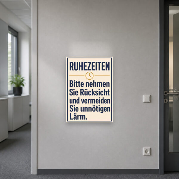 KI-generiertes Anwendungsbeispiel: Ruhezeiten Schild mit Nacht-Wohnhaus und Hinweis auf Rücksichtnahme gegen unnötigen Lärm.