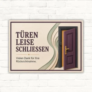 Türen leise schließen Schild – Rücksichtnahme Hinweis im Querformat mit gut lesbarem Motiv und klarer Beschriftung als bedrucktes Schild aus Aluminium-Verbundplatte.