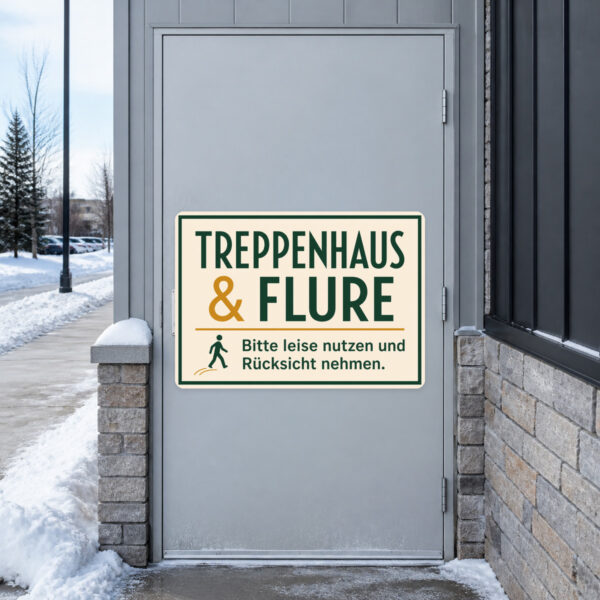 KI-generiertes Anwendungsbeispiel: Treppenhaus Aufkleber an grauer Wand mit Text „Bitte leise nutzen“.