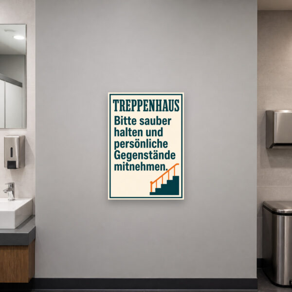 KI-generiertes Anwendungsbeispiel: Treppenhaus sauber halten Schild mit Vintage-Motiv und Hinweis persönliche Gegenstände mitnehmen.