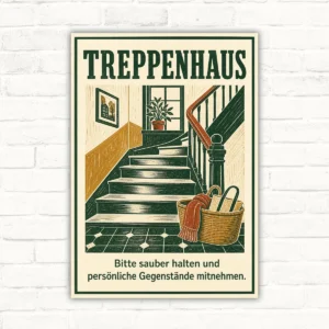 Treppenhaus sauber halten Schild mit Wortlaut „Bitte sauber halten und persönliche Gegenstände mitnehmen“ im Vintage-Stil.