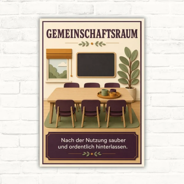 Schild mit Wortlaut „Gemeinschaftsraum – Nach der Nutzung sauber und ordentlich hinterlassen“ als dekoratives Hinweisschild.