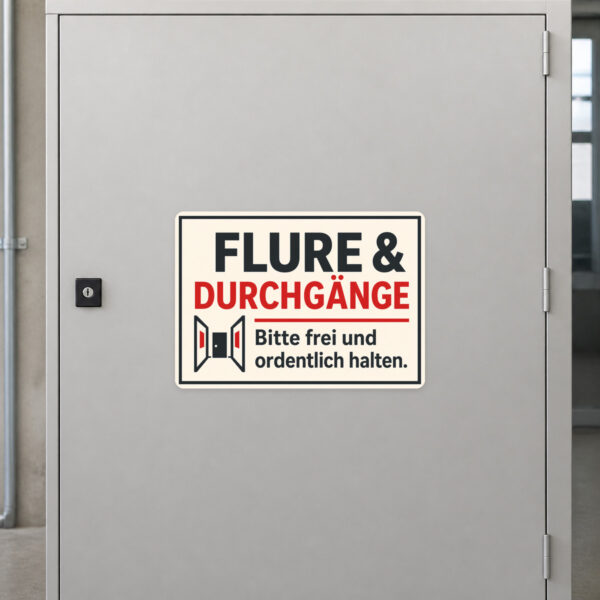 KI-generiertes Anwendungsbeispiel: Aufkleber Flure & Durchgänge bitte frei und ordentlich halten an einer Wand im Hausflur.