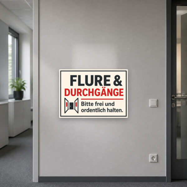 KI-generiertes Anwendungsbeispiel: Hinweisschild Flure & Durchgänge bitte frei und ordentlich halten am passenden Einsatzort mit gut sichtbarem Motiv und klarer Beschriftung.