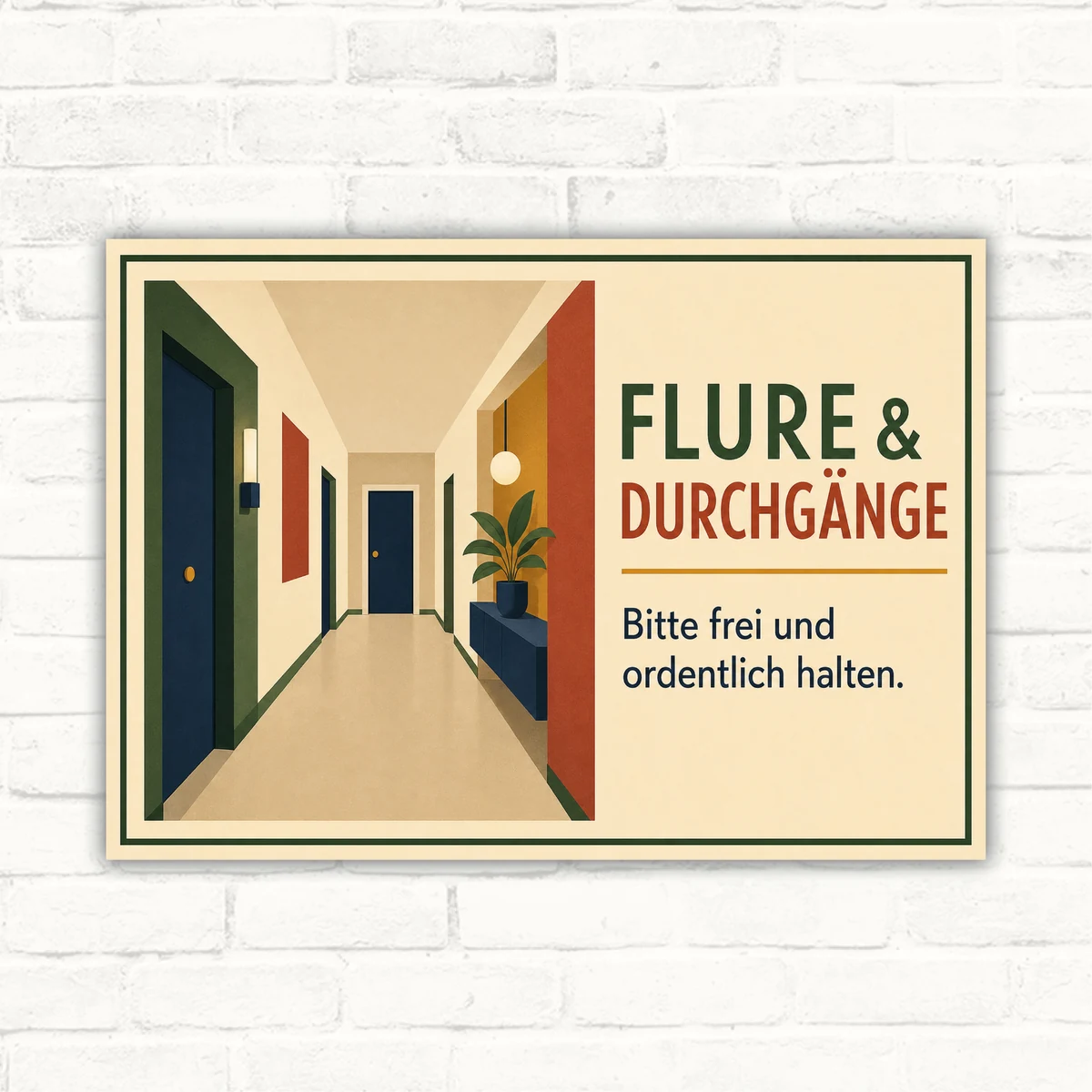Hinweisschild Flure & Durchgänge bitte frei und ordentlich halten mit gut lesbarem Motiv und klarer Beschriftung als bedrucktes Schild aus Aluminium-Verbundplatte.