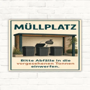 Müllplatz Schild mit Text „Bitte Abfälle in die vorgesehenen Tonnen einwerfen“ und Illustration von Mülltonnen.