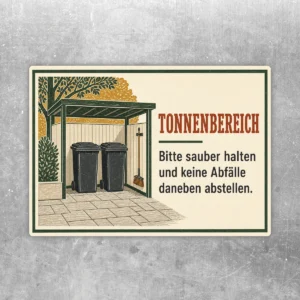 Tonnenbereich Aufkleber mit Mülltonnenmotiv und Text Bitte sauber halten und keine Abfälle daneben abstellen.