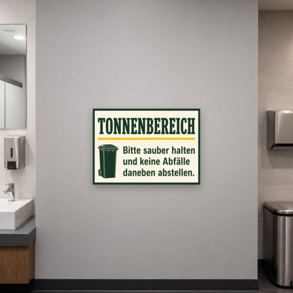 KI-generiertes Anwendungsbeispiel: Tonnenbereich Schild am Müllplatz mit Hinweis, keine Abfälle daneben abzustellen.