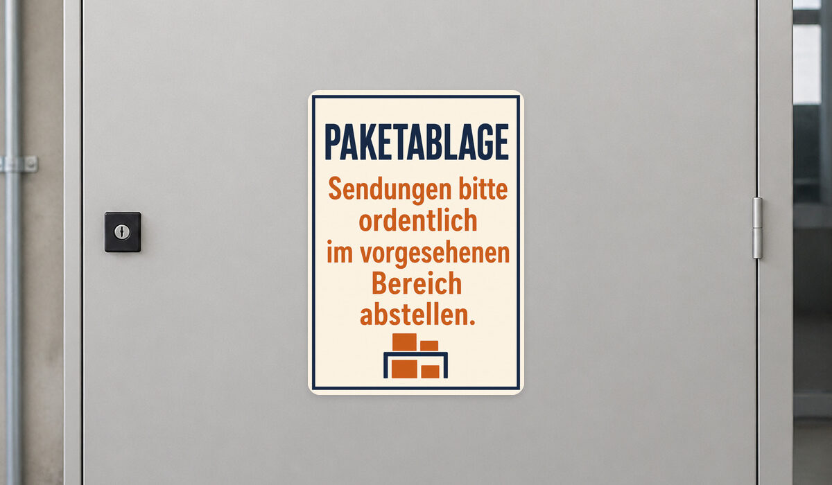KI-generiertes Anwendungsbeispiel: Paketablage Aufkleber im Hochformat mit Paketen, Regal und Hinweistext für Zusteller.